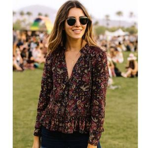 Maeve Anthropologie Janie Flounced Peasant Blouse Womens Sz 12 Dark Moody Floral